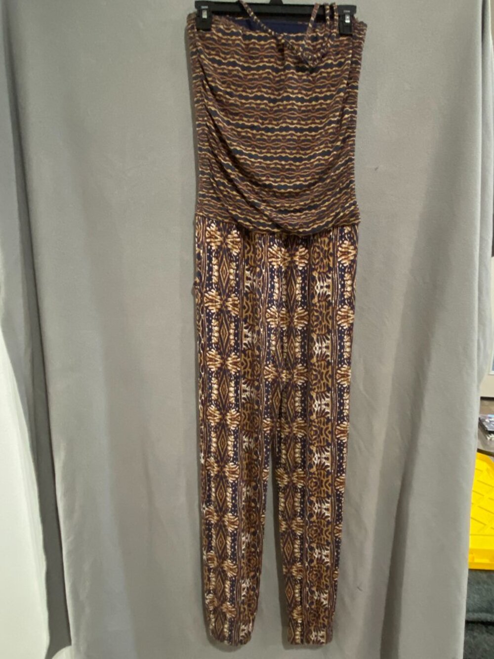 CAbi Printed Strapless Jumpsuit Women’s Small Boho Tribal Wide Leg Tube Romper